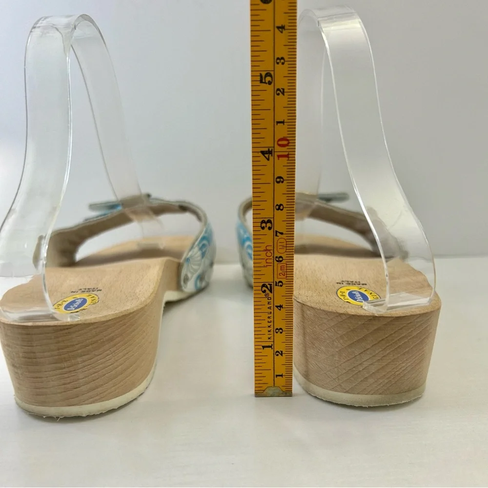 Dr Scholl’s Vintage Blue & White Hawaiian Hibiscus Silver Buckle Sandal Size 10 - Picture 5 of 14